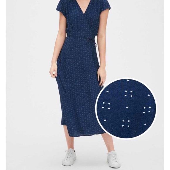 Gap navy blue short sleeve maxi wrap dress with tiny white polka dots, XL - Picture 2 of 11